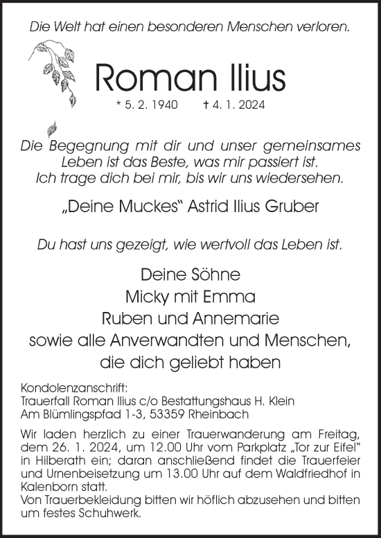 Anzeige von Roman Ilius von  Schaufenster/Blickpunkt 
