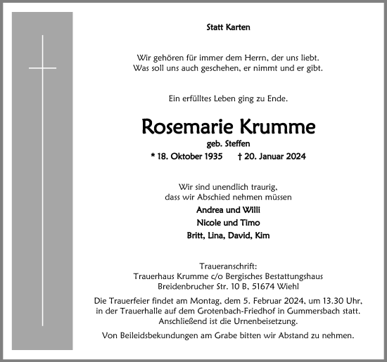 Anzeige von Rosemarie Krumme von Kölner Stadt-Anzeiger / Kölnische Rundschau / Express