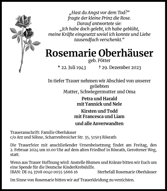 Anzeige von Rosemarie Oberhäuser von Kölner Stadt-Anzeiger / Kölnische Rundschau / Express