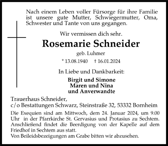Anzeige von Rosemarie Schneider von  Schlossbote/Werbekurier 