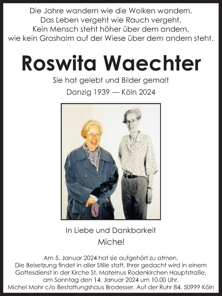  Traueranzeige für Roswita Waechter vom 13.01.2024 aus Kölner Stadt-Anzeiger / Kölnische Rundschau / Express
