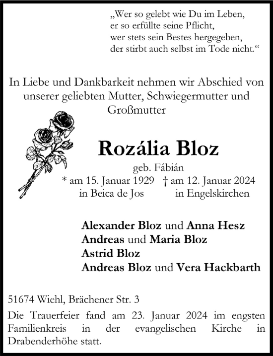 Anzeige von Rozalia Bloz von  Anzeigen Echo 