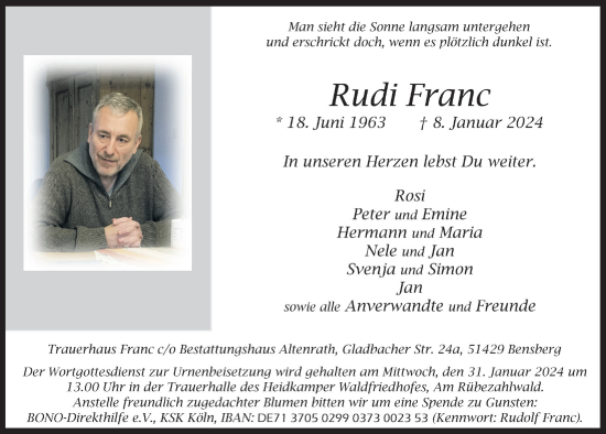 Anzeige von Rudi Franc von  Bergisches Handelsblatt 