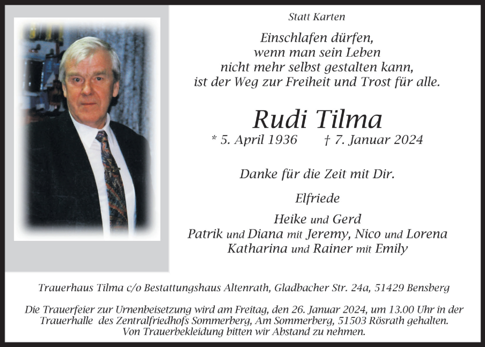  Traueranzeige für Rudi Tilma vom 19.01.2024 aus  Bergisches Handelsblatt 