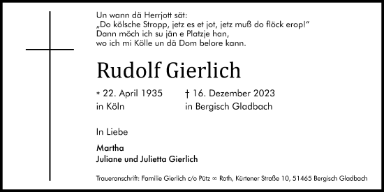 Anzeige von Rudolf Gierlich von Kölner Stadt-Anzeiger / Kölnische Rundschau / Express