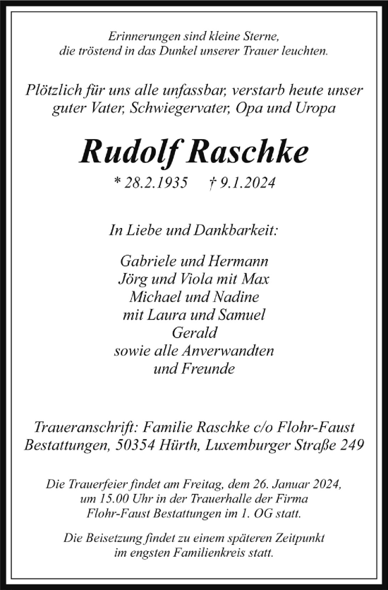 Anzeige von Rudolf Raschke von  Wochenende 