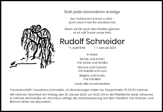 Anzeige von Rudolf Schneider von Kölner Stadt-Anzeiger / Kölnische Rundschau / Express