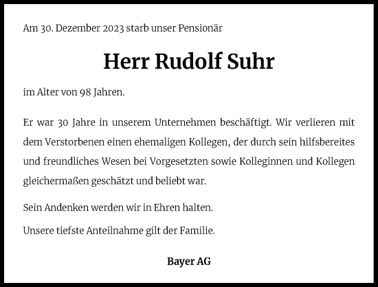 Anzeige von Rudolf Suhr von Kölner Stadt-Anzeiger / Kölnische Rundschau / Express