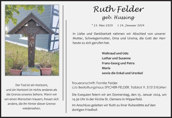 Anzeige von Ruth Felder von Kölner Stadt-Anzeiger / Kölnische Rundschau / Express