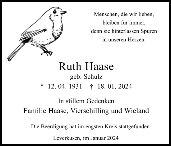 Anzeige von Ruth Haase von Kölner Stadt-Anzeiger / Kölnische Rundschau / Express