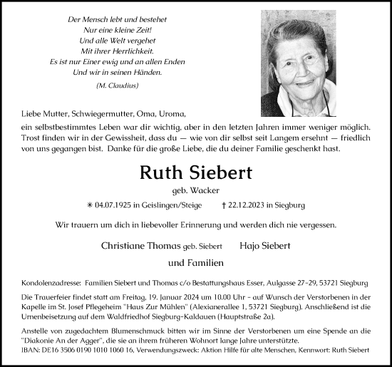 Anzeige von Ruth Siebert von Kölner Stadt-Anzeiger / Kölnische Rundschau / Express