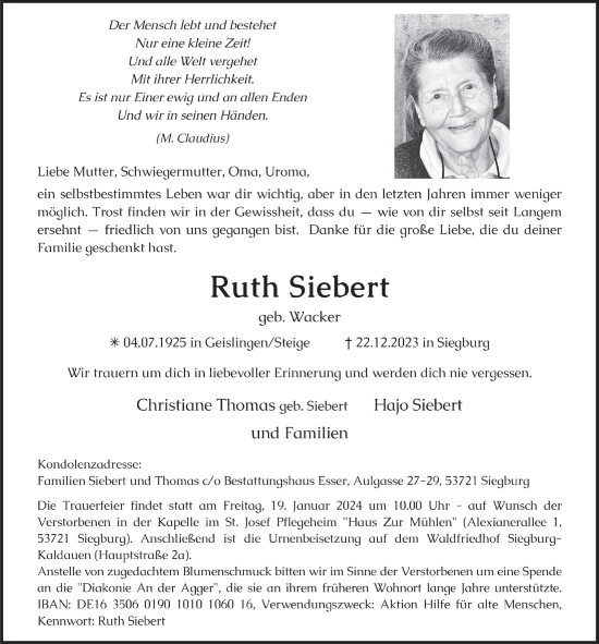 Anzeige von Ruth Siebert von  Anzeigen Echo 