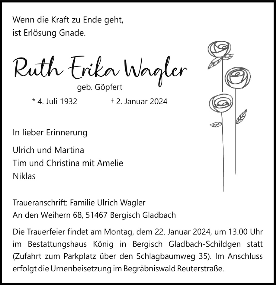  Traueranzeige für Ruth Erika Wagler vom 12.01.2024 aus  Bergisches Handelsblatt 
