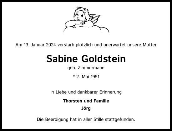 Anzeige von Sabine Goldstein von Kölner Stadt-Anzeiger / Kölnische Rundschau / Express