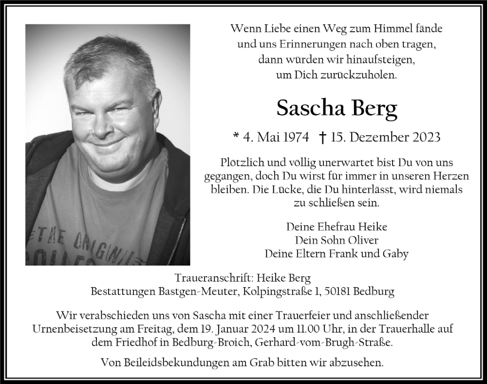  Traueranzeige für Sascha Berg vom 12.01.2024 aus  Werbepost 