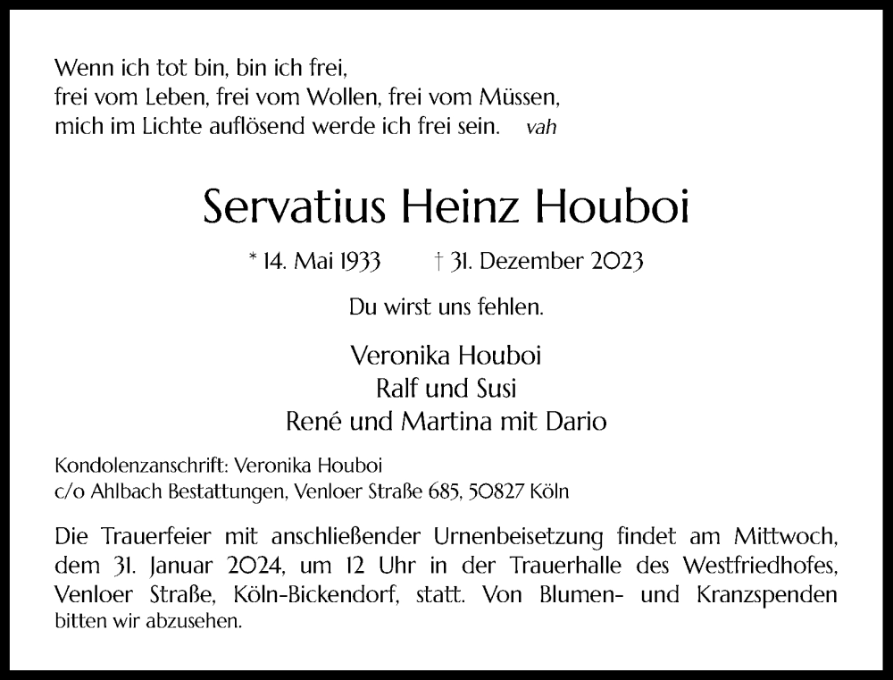  Traueranzeige für Servatius Heinz Houboi vom 20.01.2024 aus Kölner Stadt-Anzeiger / Kölnische Rundschau / Express