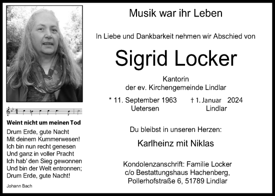 Anzeige von Sigrid Locker von Kölner Stadt-Anzeiger / Kölnische Rundschau / Express