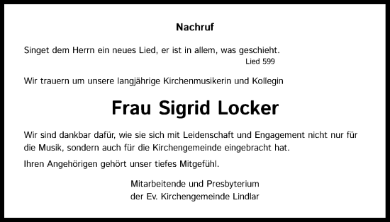 Anzeige von Sigrid Locker von Kölner Stadt-Anzeiger / Kölnische Rundschau / Express