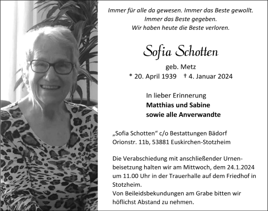 Anzeige von Sofia Schotten von  Blickpunkt Euskirchen 