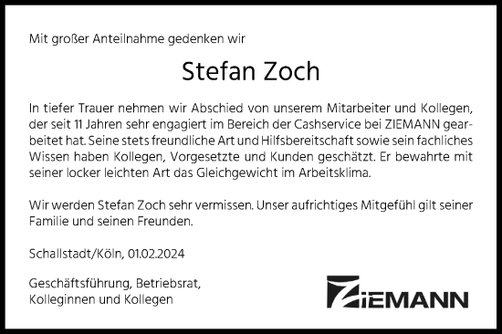 Anzeige von Stefan Zoch von Kölner Stadt-Anzeiger / Kölnische Rundschau / Express