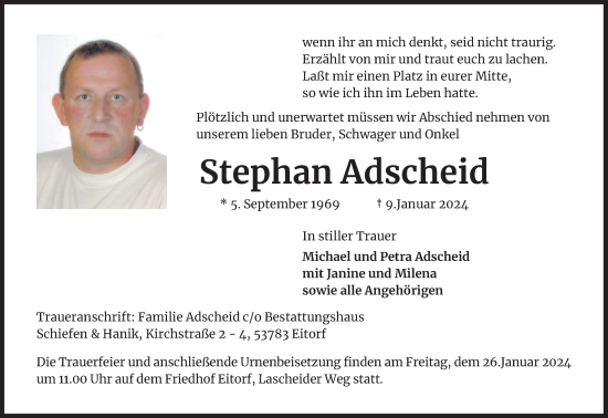 Anzeige von Stephan Adscheid von Kölner Stadt-Anzeiger / Kölnische Rundschau / Express