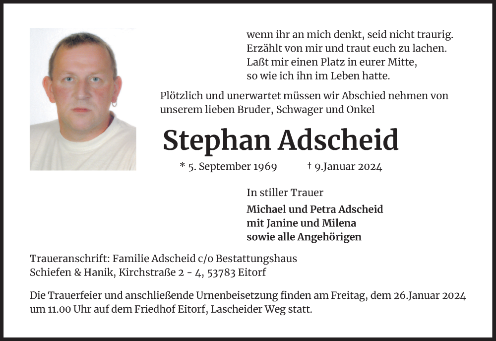  Traueranzeige für Stephan Adscheid vom 20.01.2024 aus Kölner Stadt-Anzeiger / Kölnische Rundschau / Express