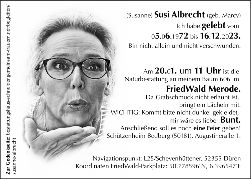  Traueranzeige für Susanne Albrecht vom 12.01.2024 aus  Werbepost 