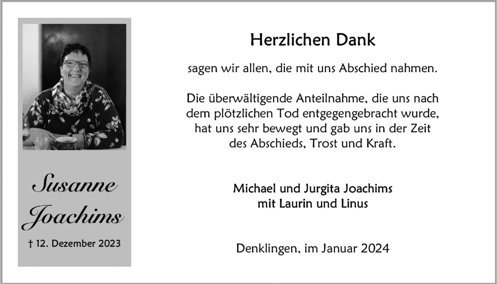  Traueranzeige für Susanne Joachims vom 19.01.2024 aus  Anzeigen Echo  Lokalanzeiger 