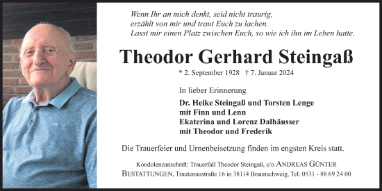 Anzeige von Theodor Gerhard Steingaß von Kölner Stadt-Anzeiger / Kölnische Rundschau / Express