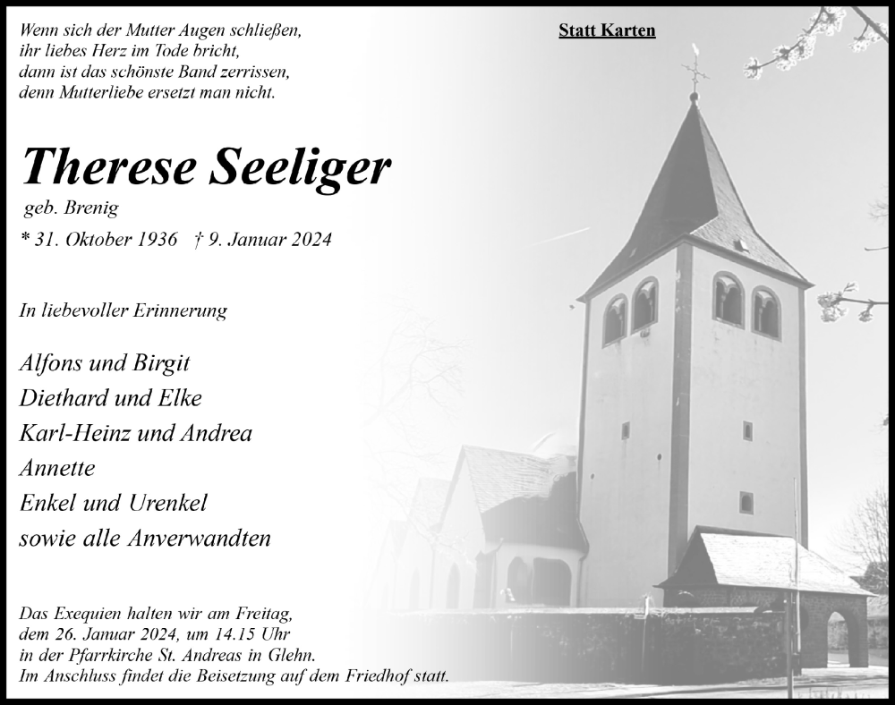  Traueranzeige für Therese Seeliger vom 20.01.2024 aus  Blickpunkt Euskirchen 