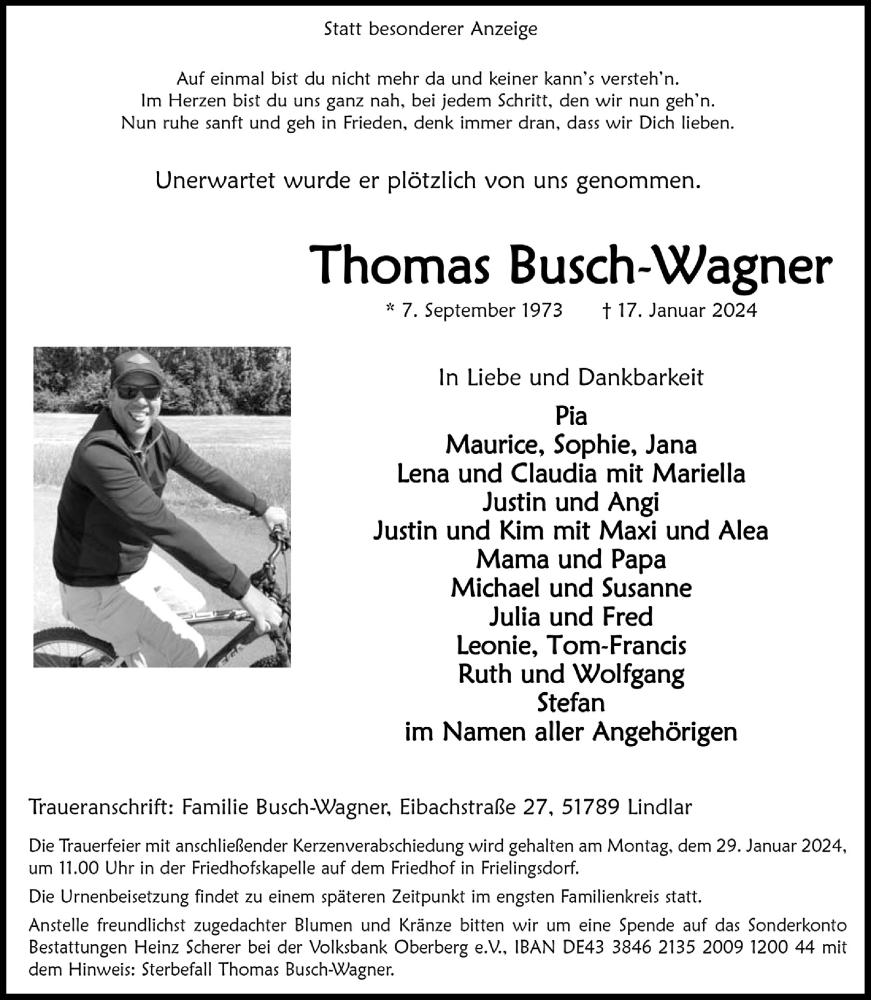  Traueranzeige für Thomas Busch-Wagner vom 26.01.2024 aus  Anzeigen Echo 