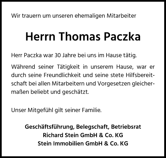 Anzeige von Thomas Paczka von Kölner Stadt-Anzeiger / Kölnische Rundschau / Express