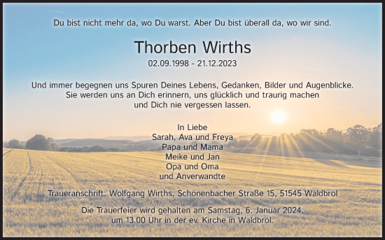 Anzeige von Thorben Wirths von Kölner Stadt-Anzeiger / Kölnische Rundschau / Express
