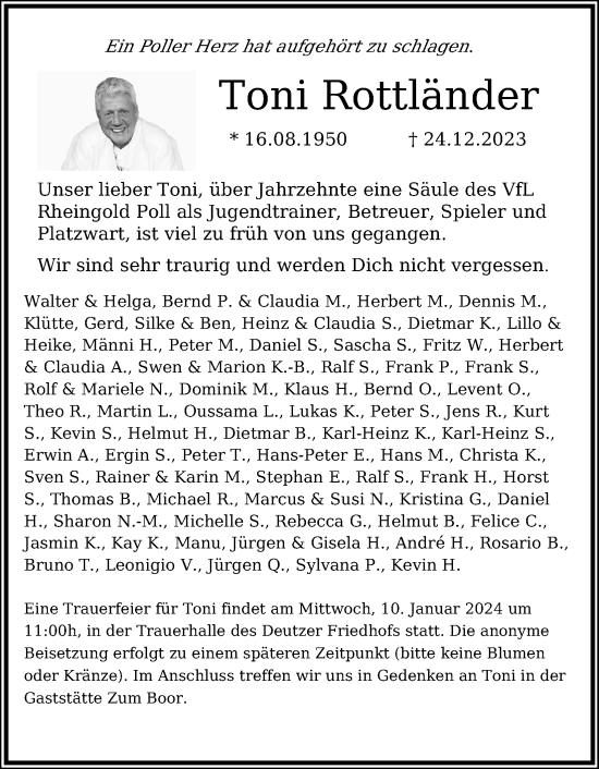 Anzeige von Toni Rottländer von Kölner Stadt-Anzeiger / Kölnische Rundschau / Express