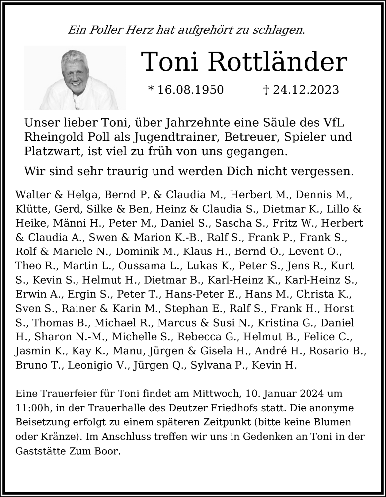  Traueranzeige für Toni Rottländer vom 06.01.2024 aus Kölner Stadt-Anzeiger / Kölnische Rundschau / Express