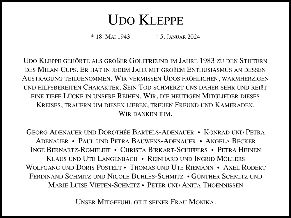  Traueranzeige für Udo Kleppe vom 13.01.2024 aus Kölner Stadt-Anzeiger / Kölnische Rundschau / Express