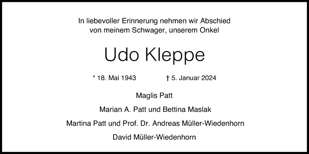  Traueranzeige für Udo Kleppe vom 13.01.2024 aus Kölner Stadt-Anzeiger / Kölnische Rundschau / Express