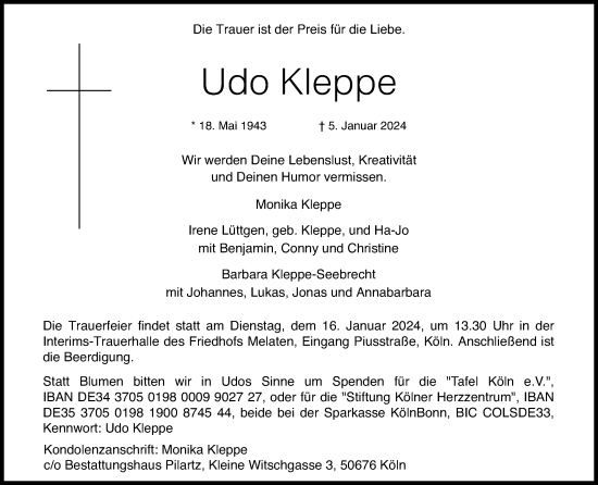 Anzeige von Udo Kleppe von Kölner Stadt-Anzeiger / Kölnische Rundschau / Express