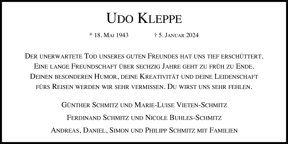  Traueranzeige für Udo Kleppe vom 13.01.2024 aus Kölner Stadt-Anzeiger / Kölnische Rundschau / Express