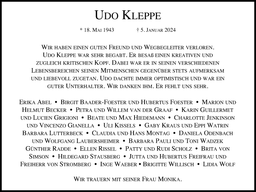  Traueranzeige für Udo Kleppe vom 13.01.2024 aus Kölner Stadt-Anzeiger / Kölnische Rundschau / Express