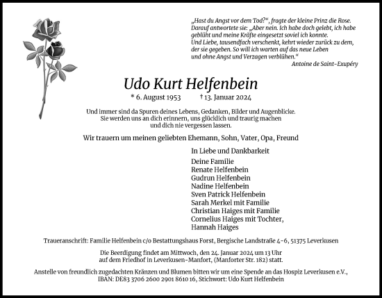Anzeige von Udo Kurt Helfenbein von Kölner Stadt-Anzeiger / Kölnische Rundschau / Express