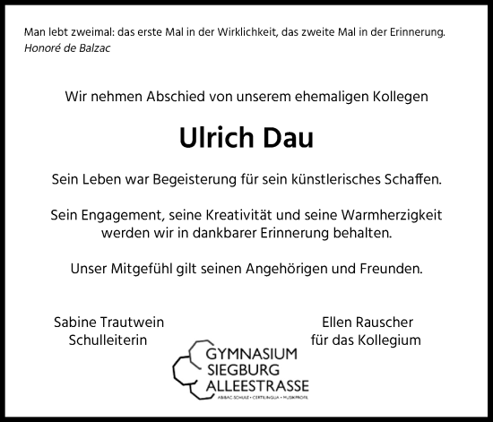 Anzeige von Ulrich Dau von Kölner Stadt-Anzeiger / Kölnische Rundschau / Express