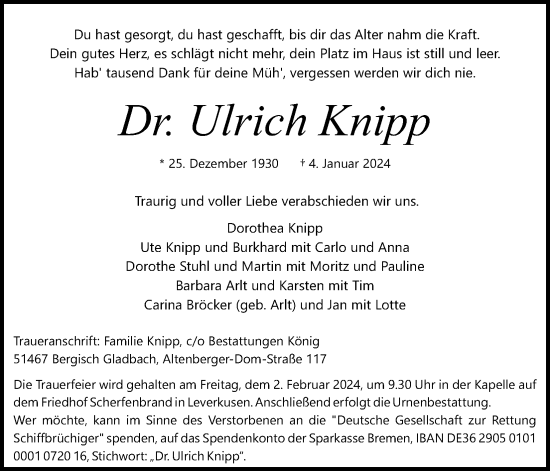 Anzeige von Ulrich Knipp von Kölner Stadt-Anzeiger / Kölnische Rundschau / Express
