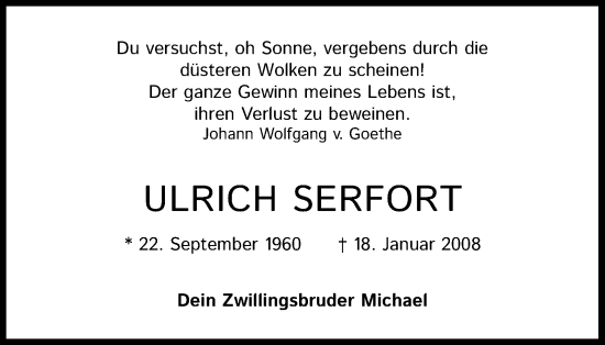 Anzeige von Ulrich Serforst von Kölner Stadt-Anzeiger / Kölnische Rundschau / Express