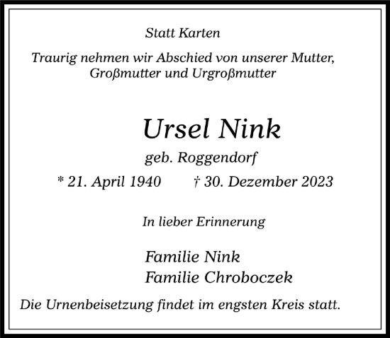 Anzeige von Ursel Nink von  Werbepost 