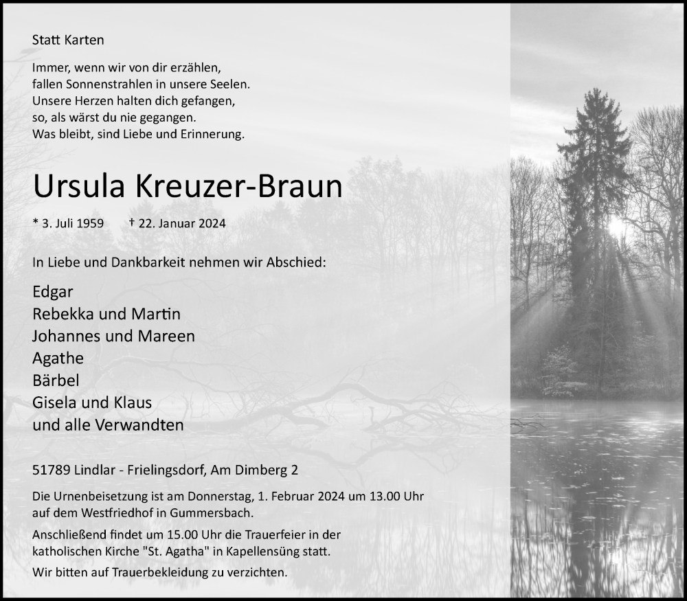  Traueranzeige für Ursula Kreuzer-Braun vom 27.01.2024 aus Kölner Stadt-Anzeiger / Kölnische Rundschau / Express