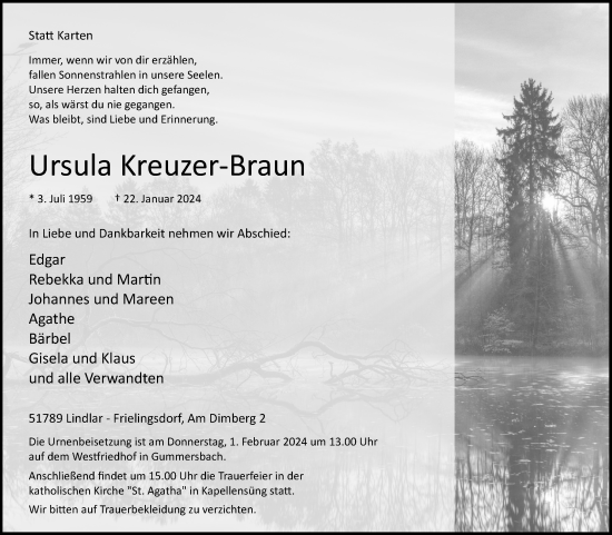 Anzeige von Ursula Kreuzer-Braun von Kölner Stadt-Anzeiger / Kölnische Rundschau / Express