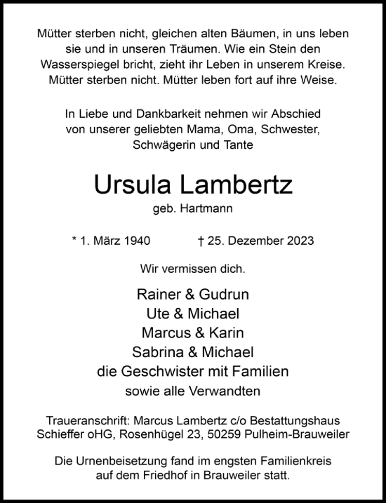 Anzeige von Ursula Lambertz von  Wochenende 