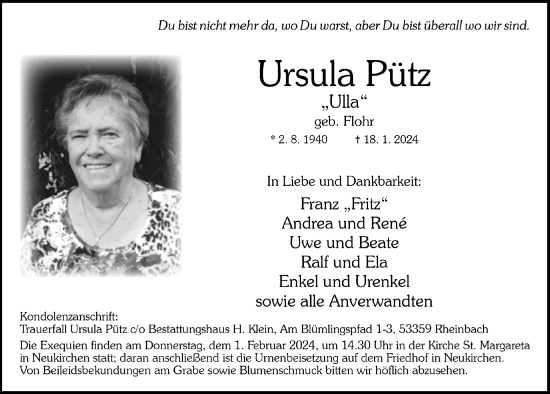 Anzeige von Ursula Pütz von  Schaufenster/Blickpunkt 