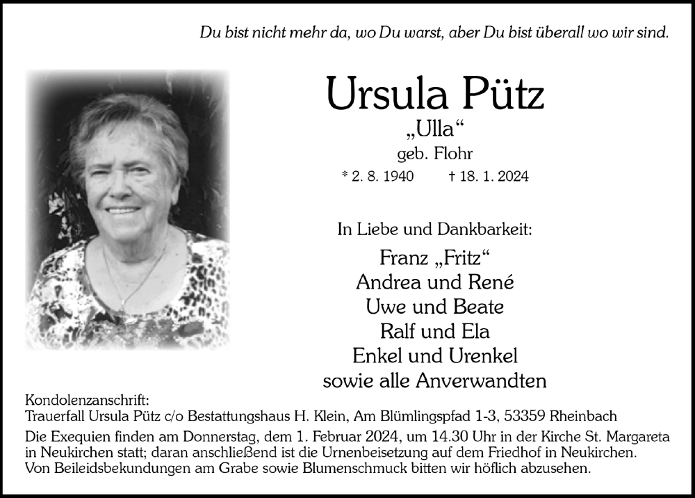  Traueranzeige für Ursula Pütz vom 26.01.2024 aus  Schaufenster/Blickpunkt 